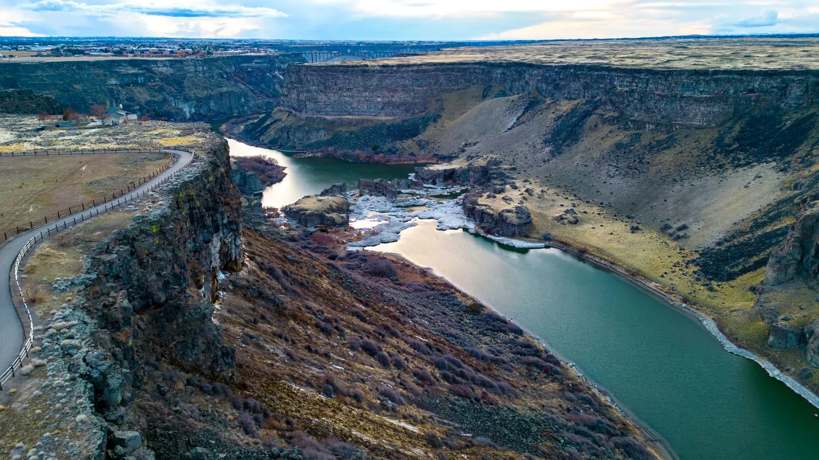 Aerial view of the Snake River winding through rocky Twin Falls Canyon in Idaho